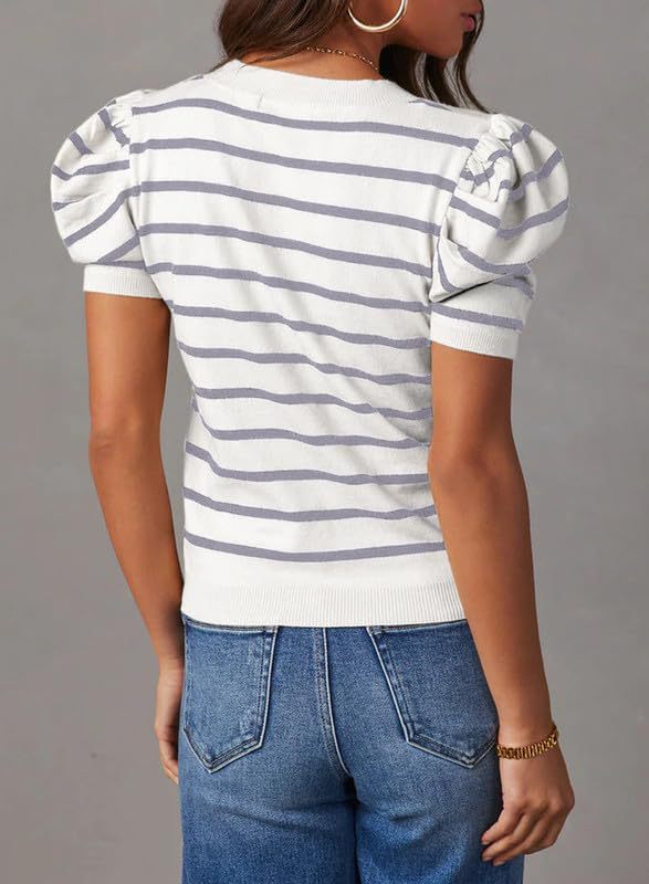 Puff Short-Sleeve Striped T-Shirt Blouse