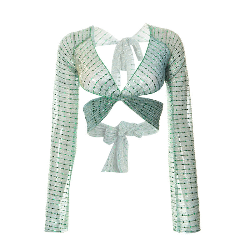 Pure Color Sequins Pullover Long Sleeve Tied Backless Gauzy