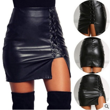 Black Lace Up PU Leather Mini Skirt