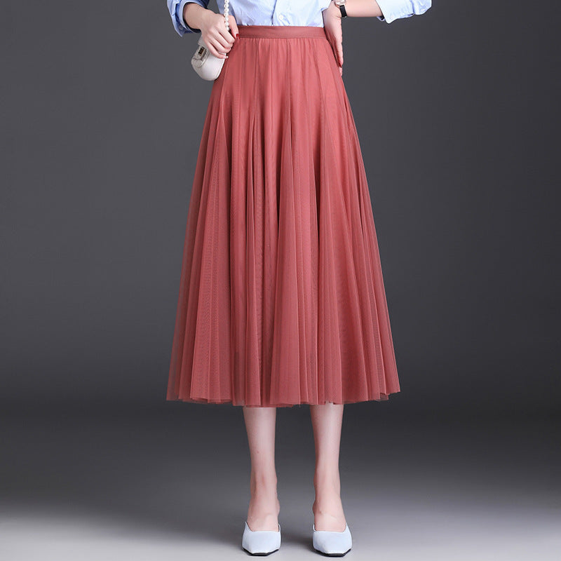 Mid-Waist Pleated Flowy Mesh Lace Skirt