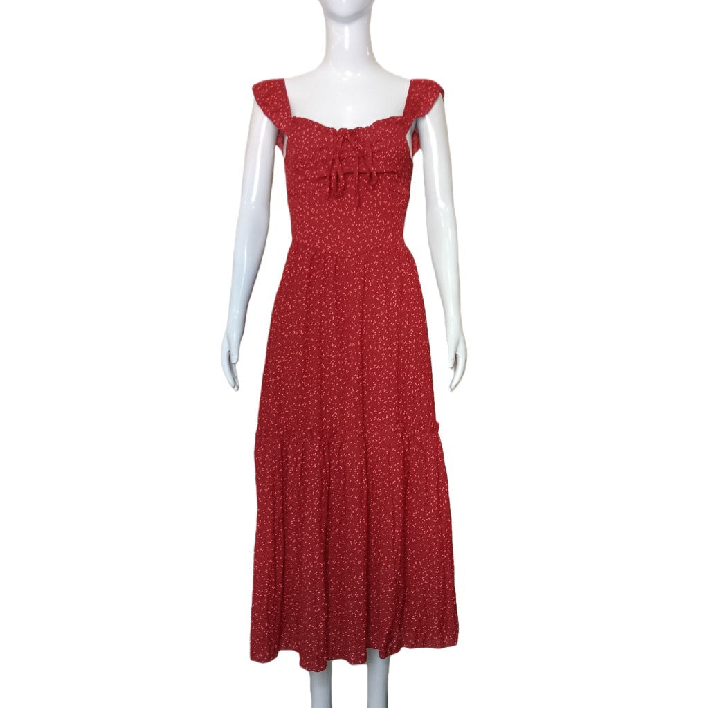 Red Halterneck Floral Print Square-cut Dress