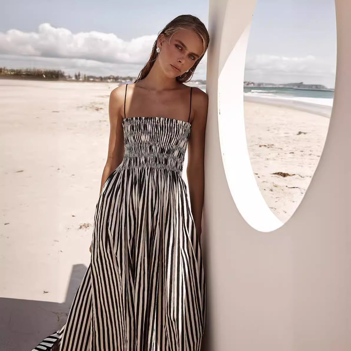 Striped Printed Swing Pocket Sling Dress