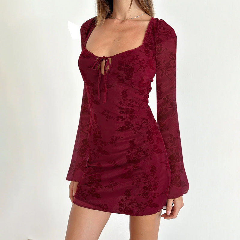 Elegant Style Flocking Tied Dress Women
