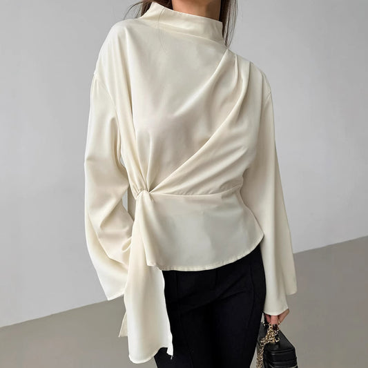 Stand Collar Chiffon Bell Sleeve Pleated Blouse
