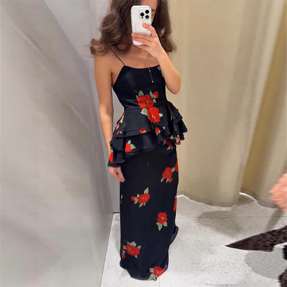 Floral Mesh Split Bodycon Skirt And Camisole Set For Women