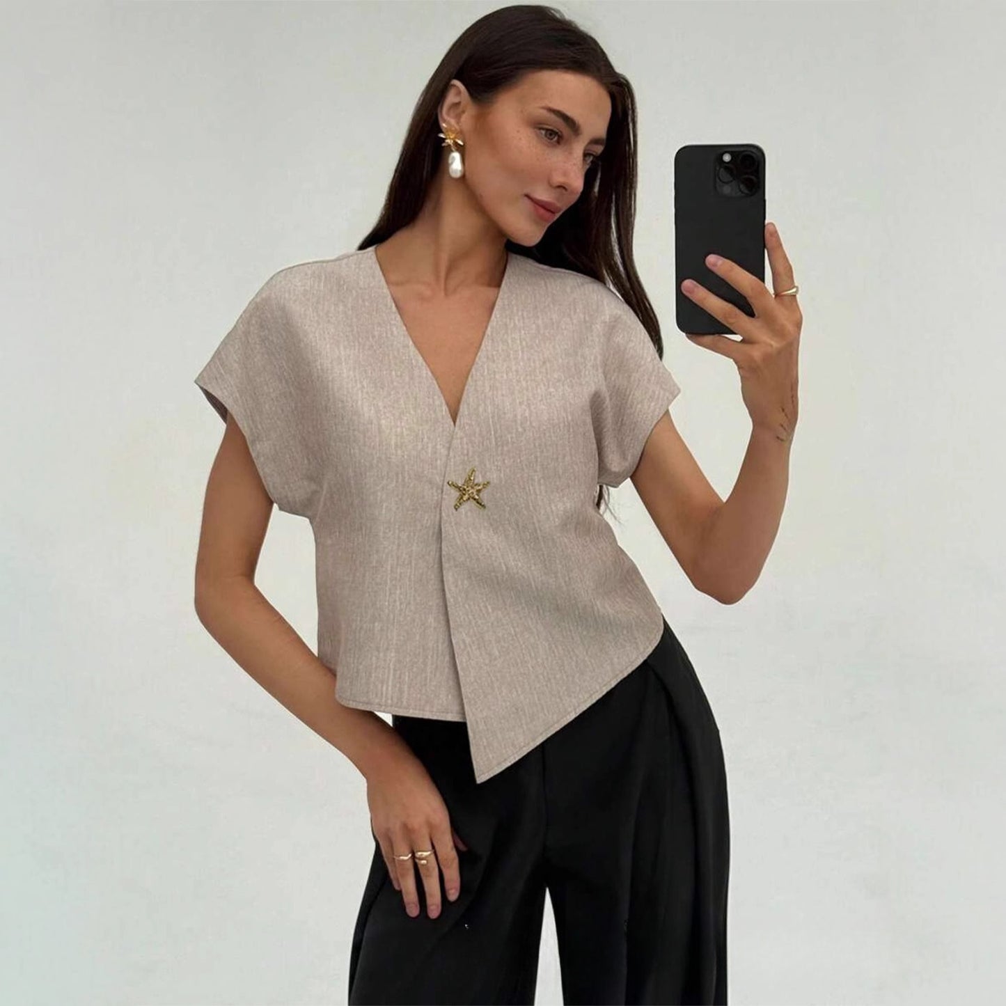 Wide-shoulder Waist-cinching Irregular HemTop