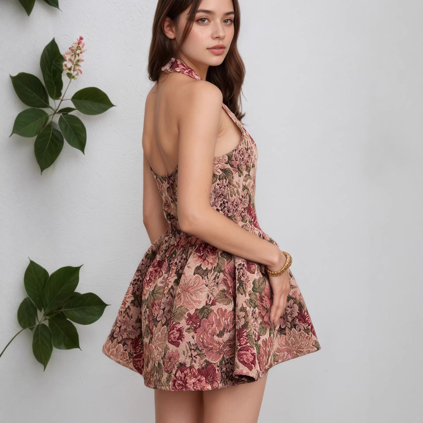 Strapless Cinched Waist Floral Mini Backless Dress