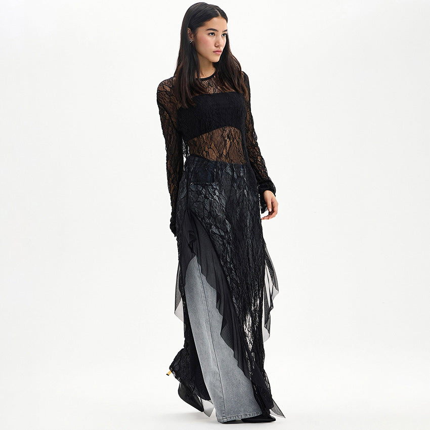 Lace See-Through Long-Sleeve Dress