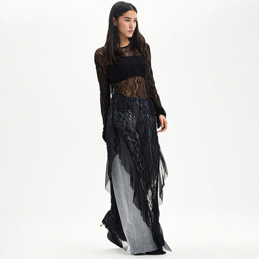 Lace See-Through Long-Sleeve Dress