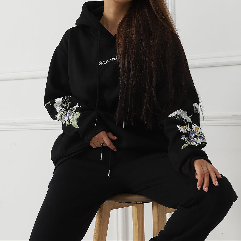 Women's Solid Color Floral Long Sleeved Sweatshirt