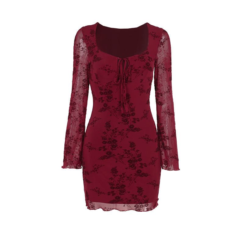 Elegant Style Flocking Tied Dress Women