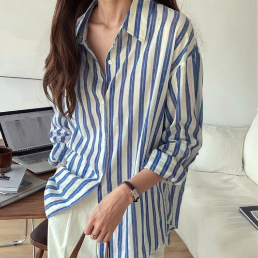 Long Sleeve Blue and White Striped Shirt Blouse