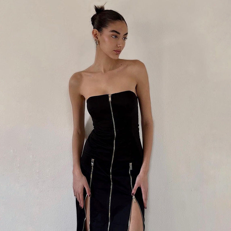 Zipper Design Tube Top Split Dress