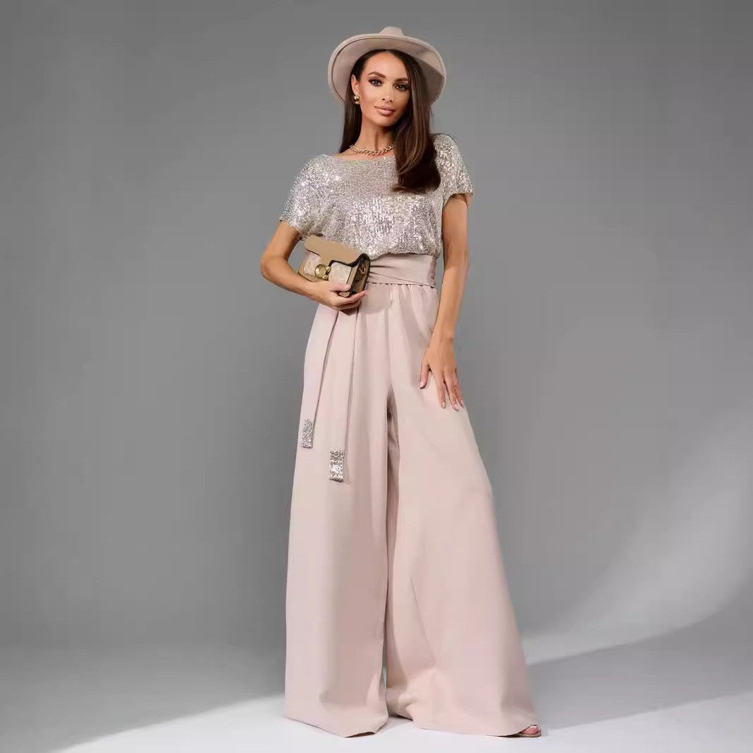 One-piece Sequin short Sleeve Jumpsuit Trousers