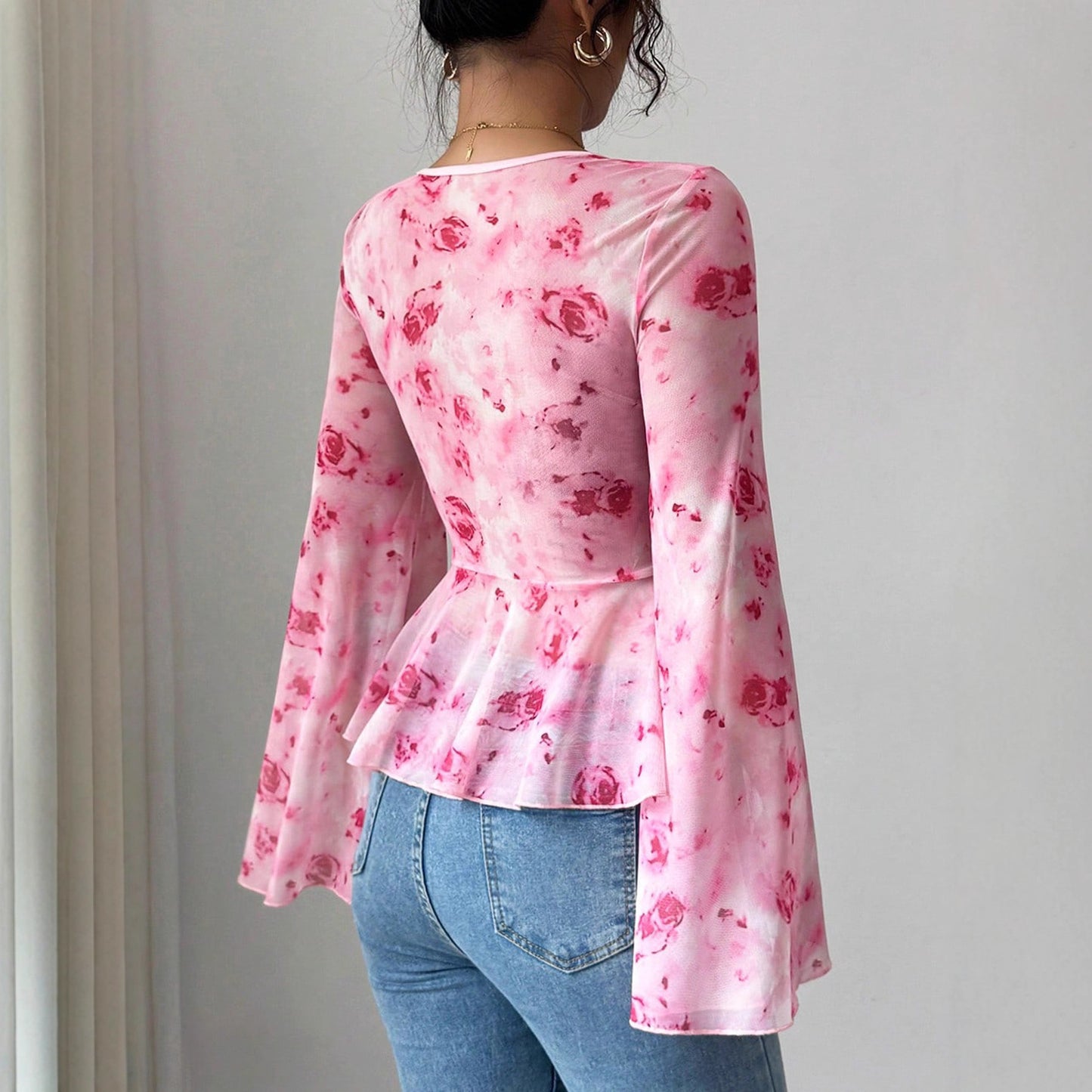 Mesh Red Rose Print Blouse