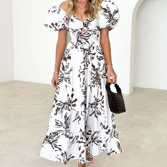 Flared Silhouette Floral Print And Puffed Sleeves Summer Dress