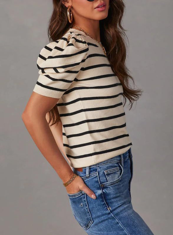 Puff Short-Sleeve Striped T-Shirt Blouse