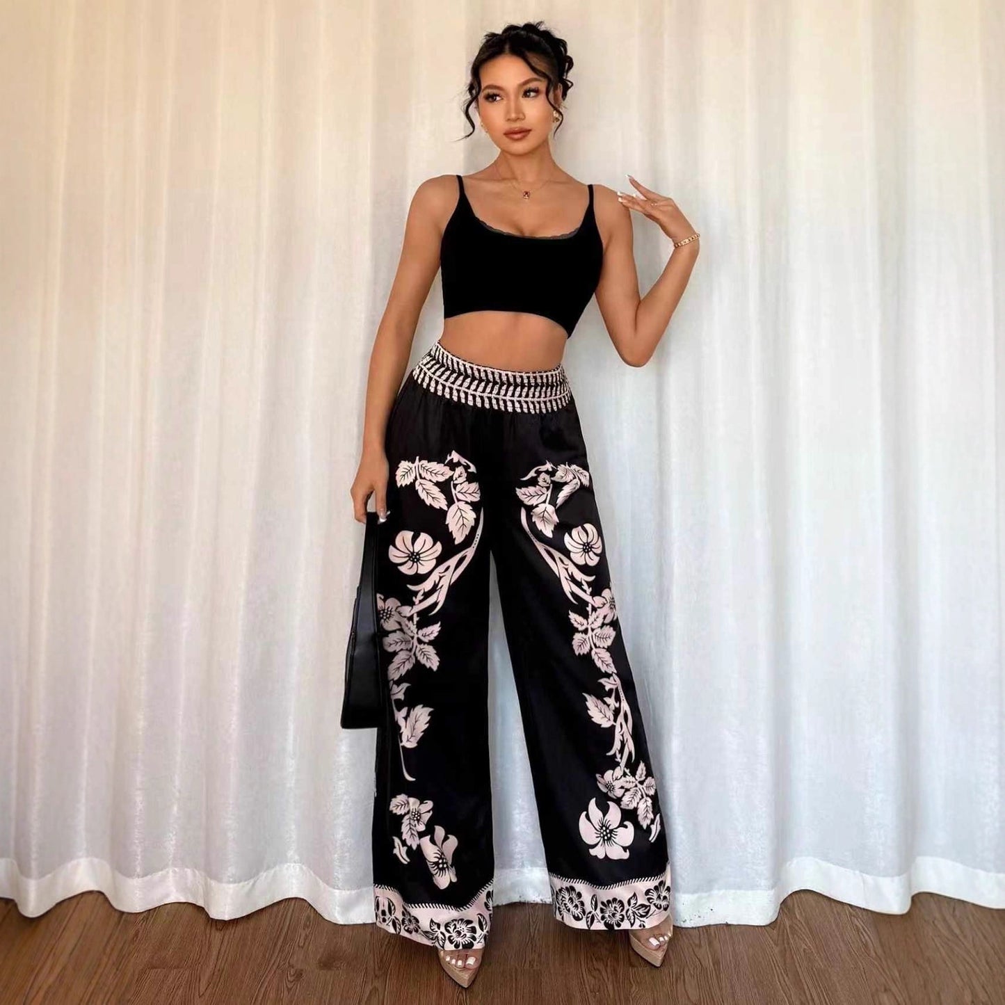 Womens Printed Long Wide-Leg Pants