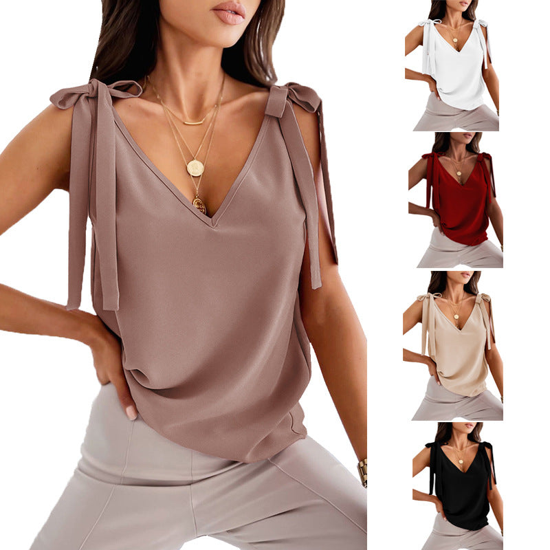 Bowknot Tie Up Camisole V-neck Shirts Women Summer Sleeveless Tank Top