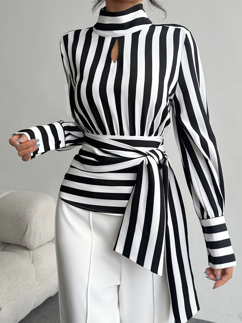 Vintage Scarf-Neck Striped Blouse