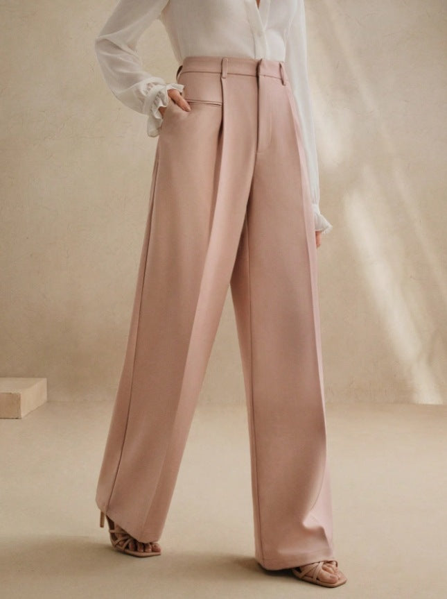 High-Waisted Versatile White Straight-Leg Suit Pants
