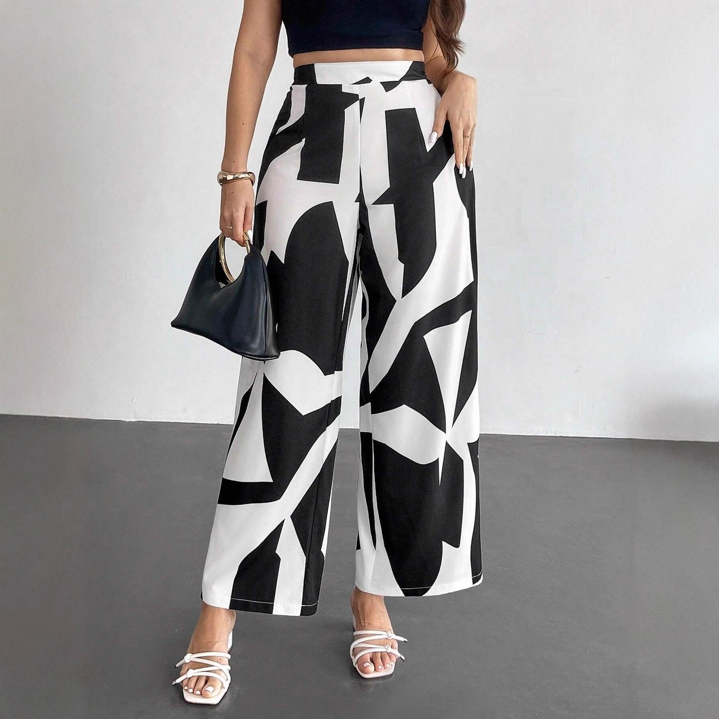 Womens High-Waisted Wide-Leg Pants With Geometric Print Straight-Leg Womens Trousers