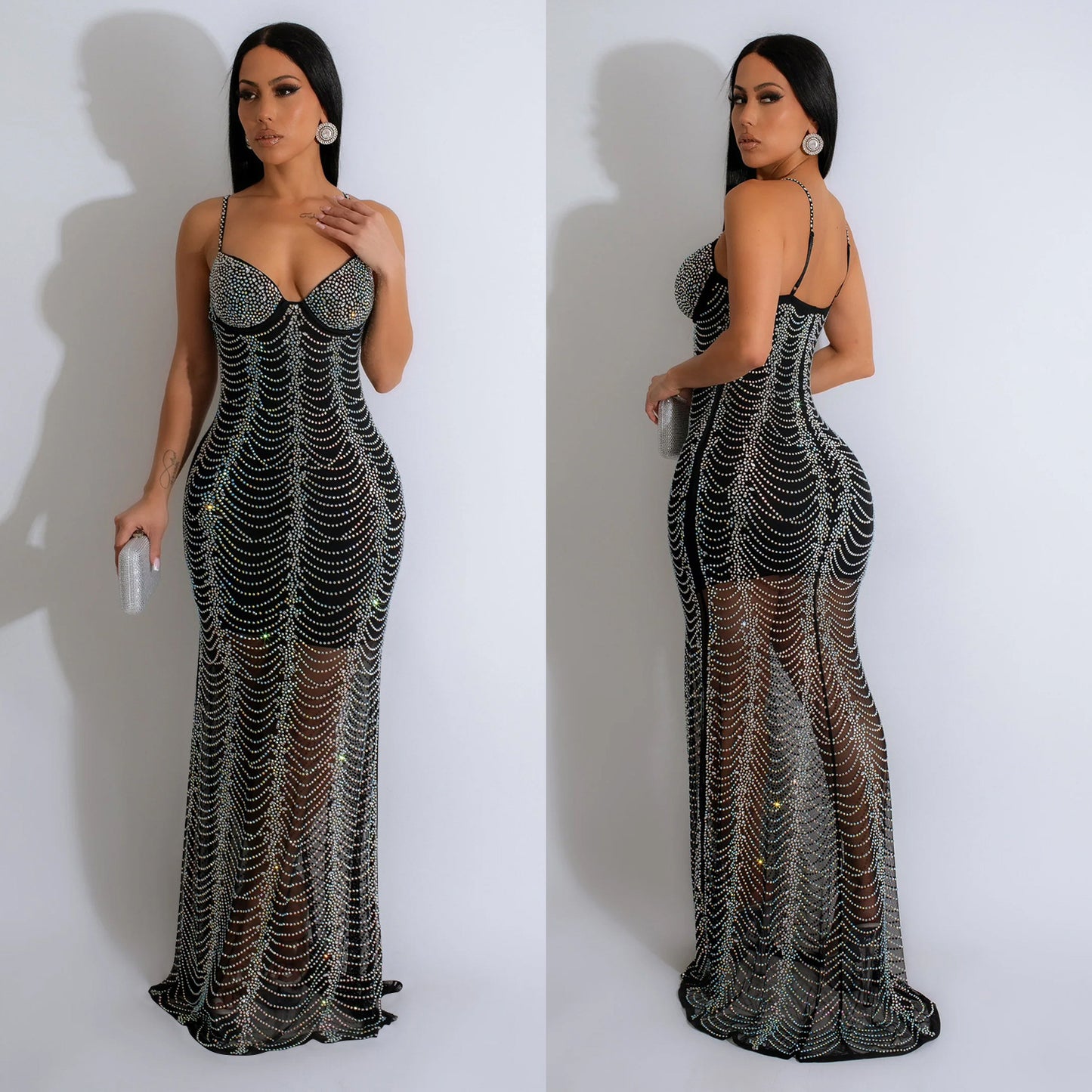 Pure Color Mesh Rhinestone Strap Dress