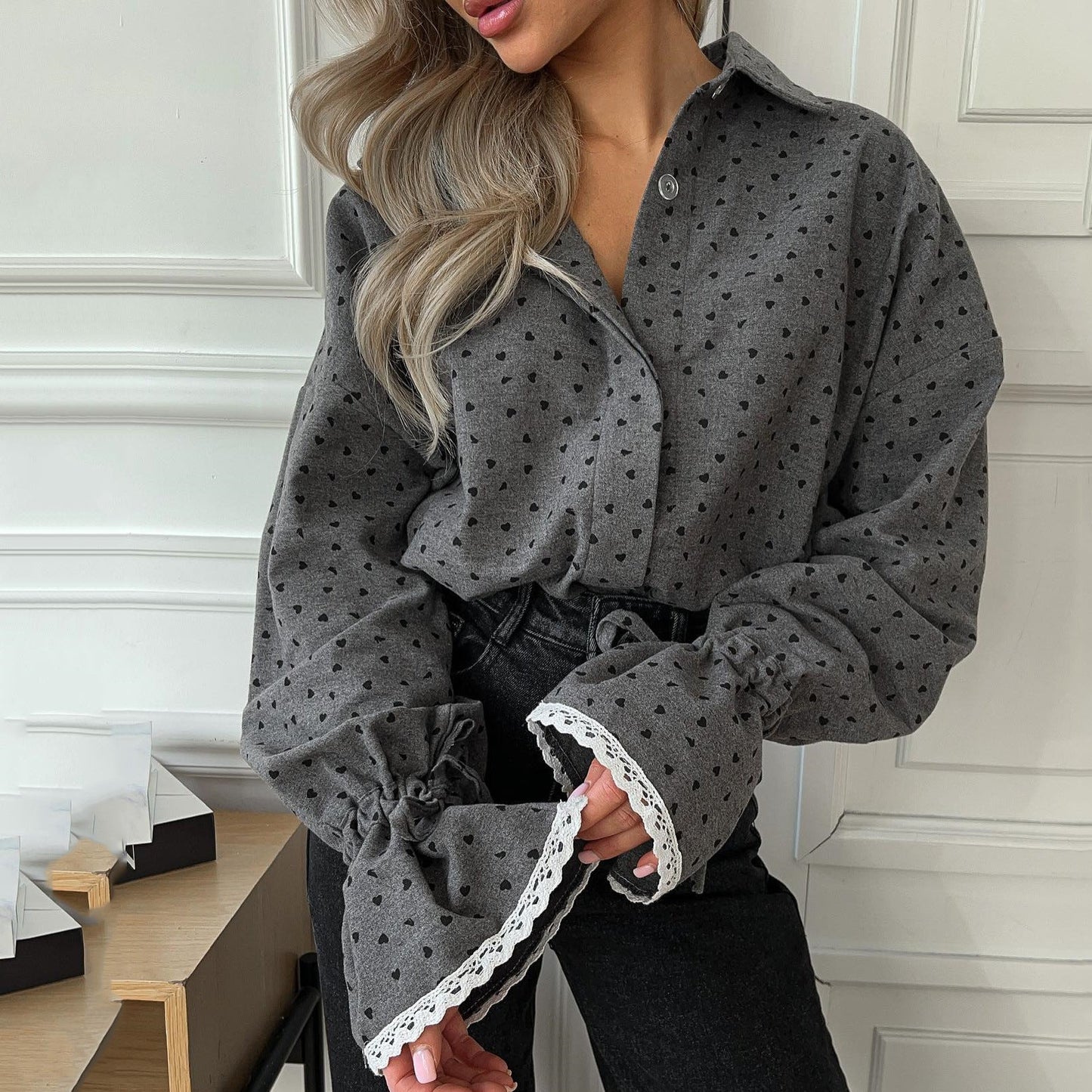 Polka Love Lace Trim Hand Shirt Blouse