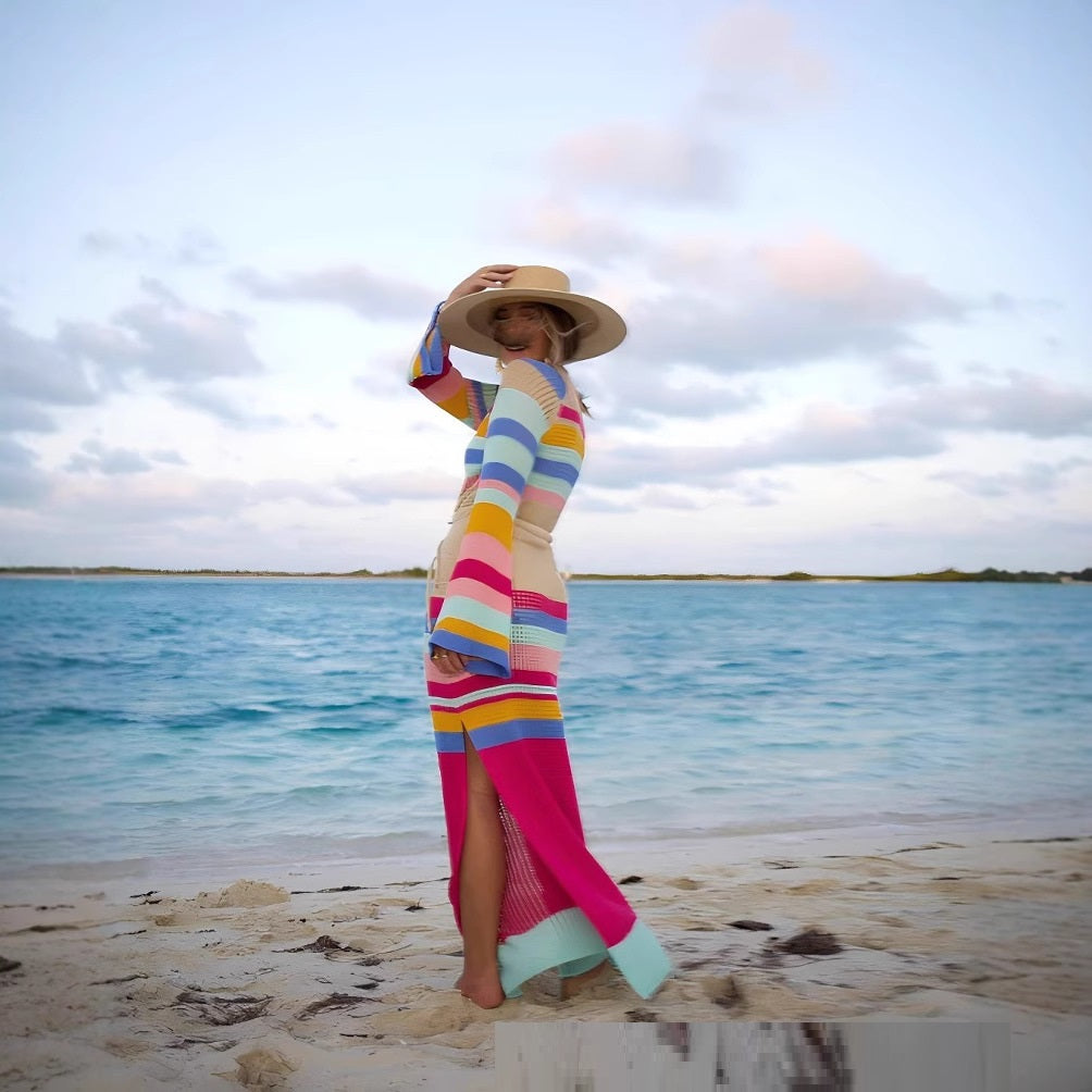 European And American Sexy Beach Dress Striped Colored Pullover Knitted Dress