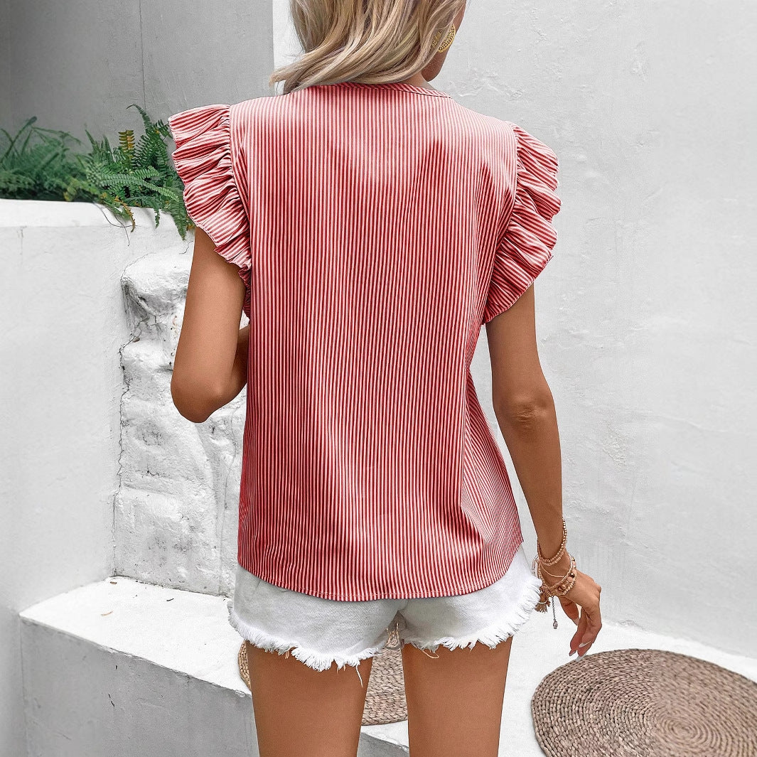 Striped Top Ruffle Sleeves Blouse