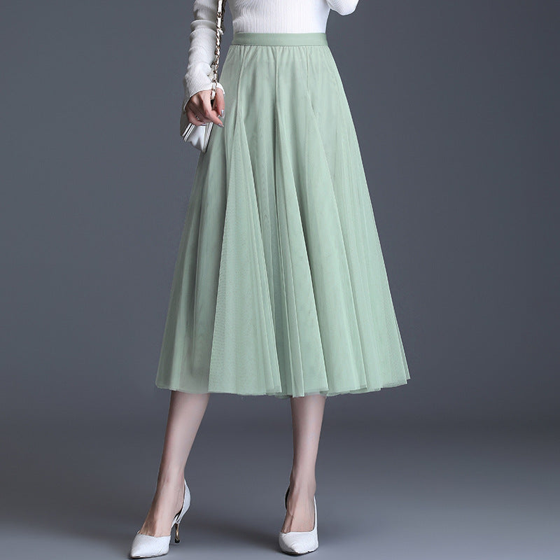 Mid-Waist Pleated Flowy Mesh Lace Skirt