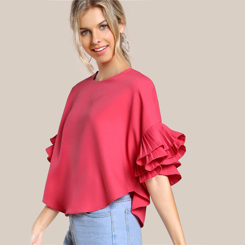 Ladies T-shirt Round Neck Lotus Leaf Double Layer Bell Sleeve Short Chic Top
