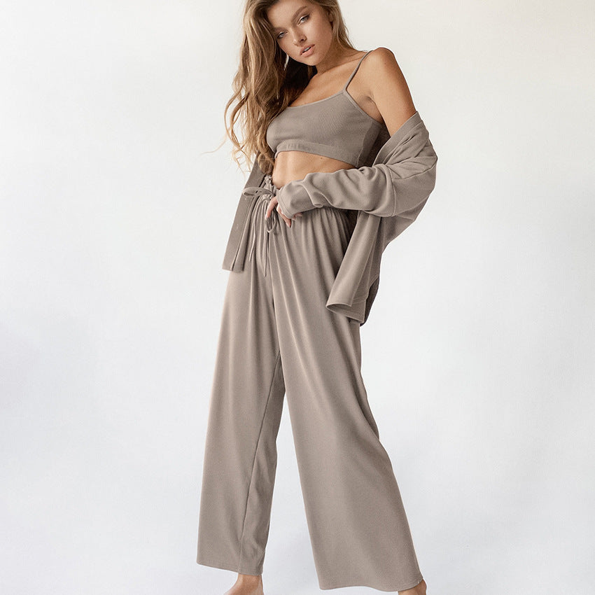 Solid Color Pajamas Undershirt Three-piece Set