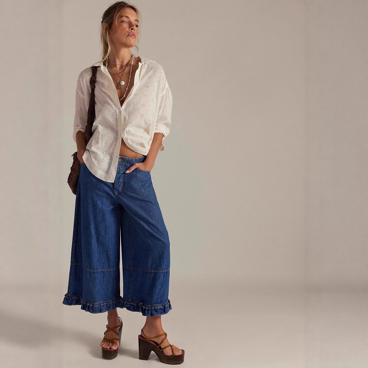 Wide-leg Cropped Lace Jeans