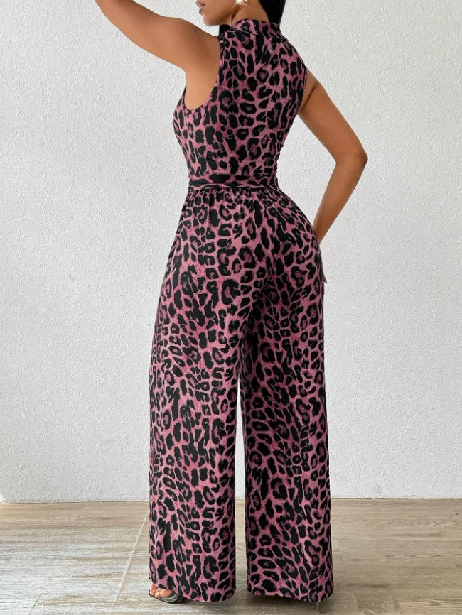 Wide Leg Lace Leopard Print Jumpsuit