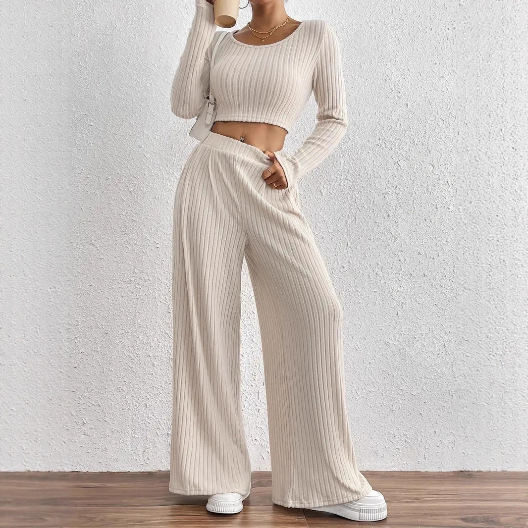 Solid Color Rib Knitted Trousers Mid-waisted Figure Flattering Women's Casual Suits