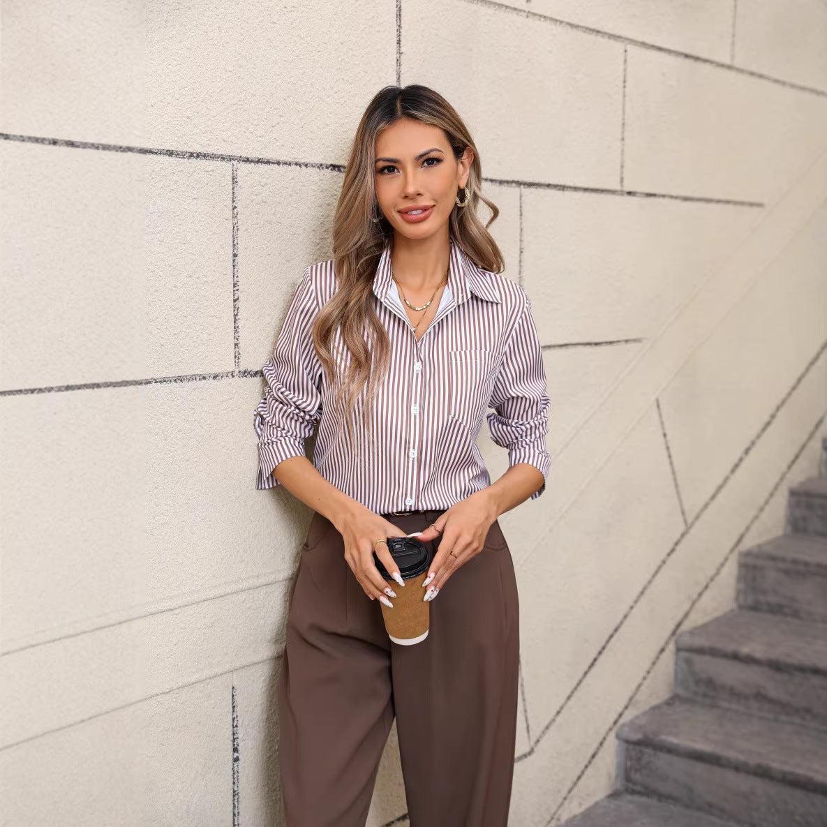Striped Loose-Fit Casual Collared Long-Sleeve Shirt