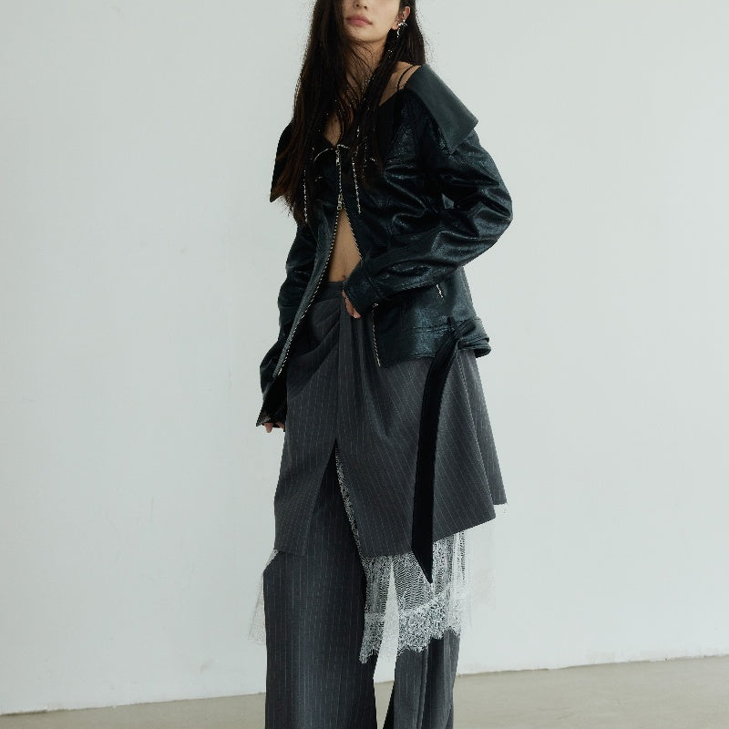 Off-shoulder Chapped PU Leather Narrow Jacket Outerwear