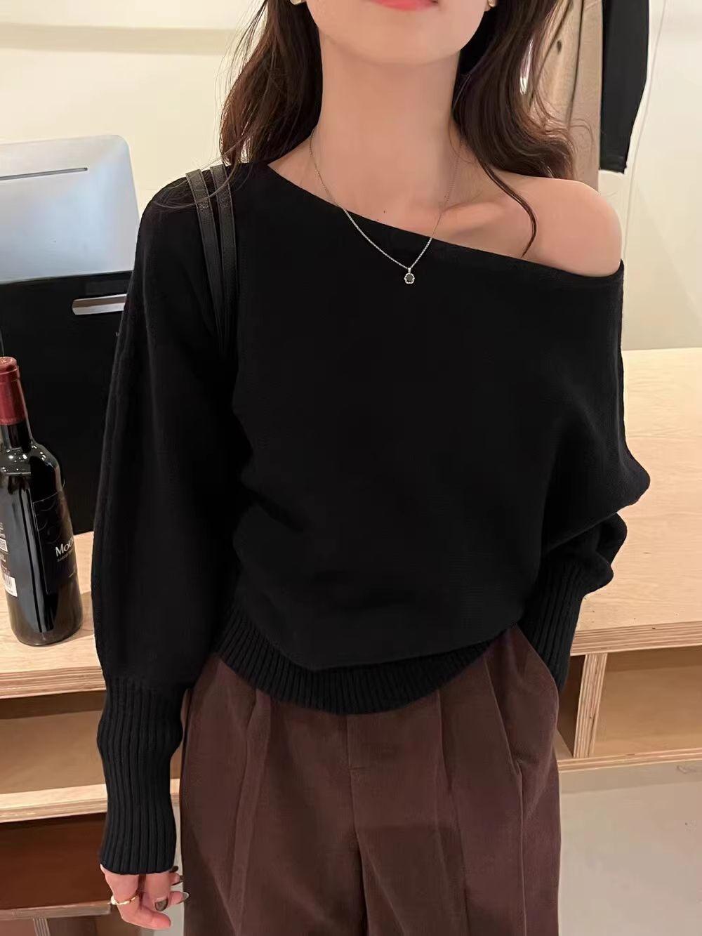 Long-sleeve Knit Top Slanted Shoulder Blouse