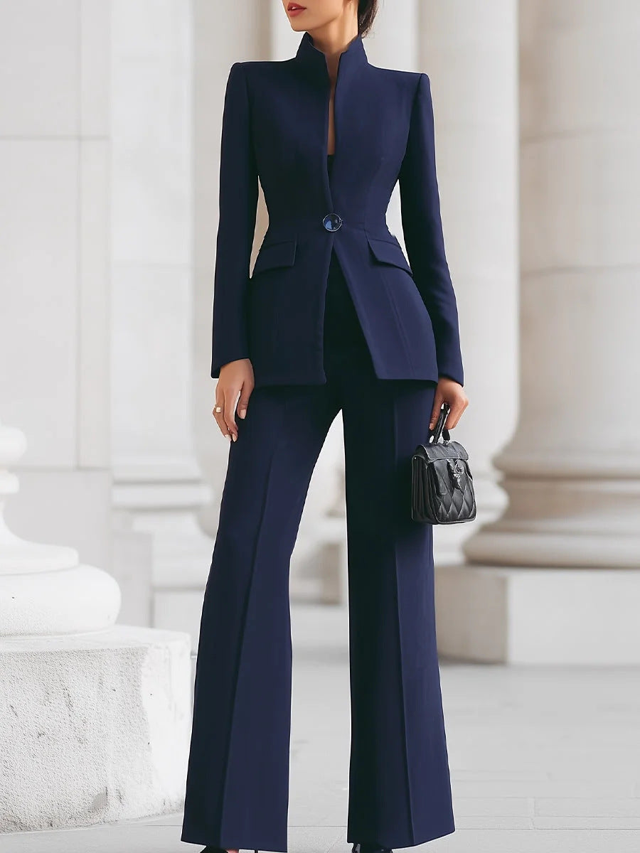 Long Sleeve Solid Color Pocket One Button Small Suit Two-piece Pants