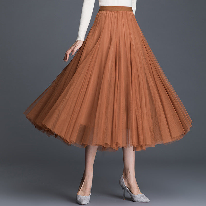 Mid-Waist Pleated Flowy Mesh Lace Skirt