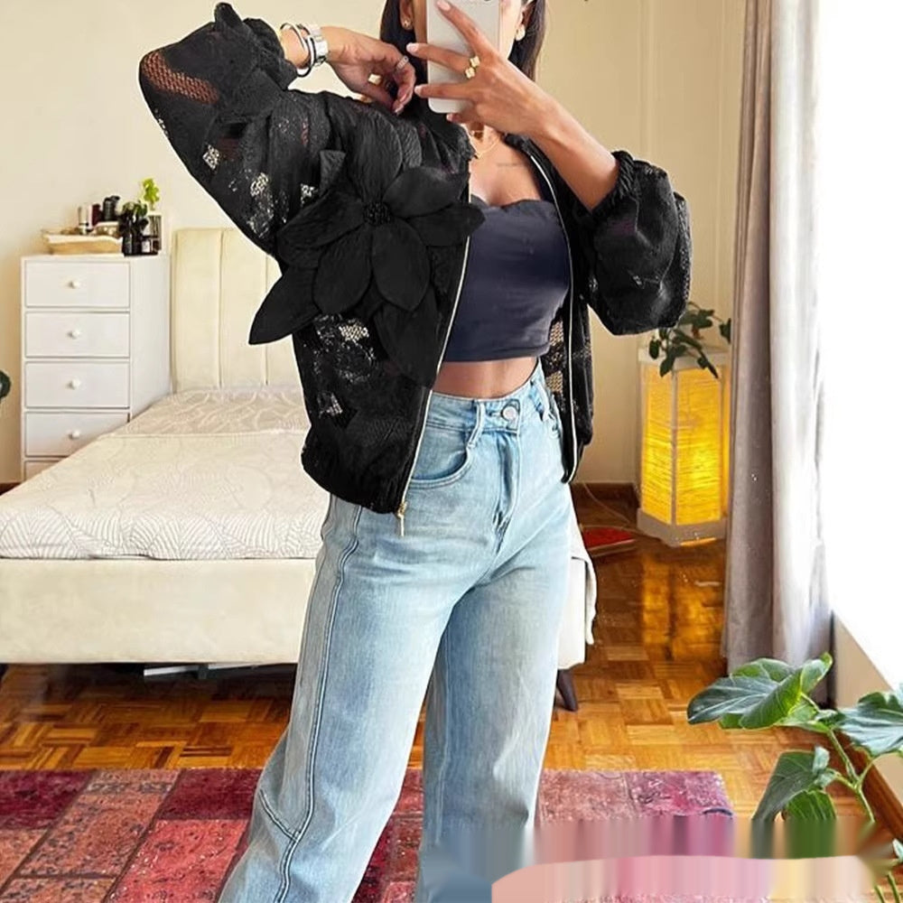 Sheer Lace Fabric Cropped Jacket With 3D Floral Detailing