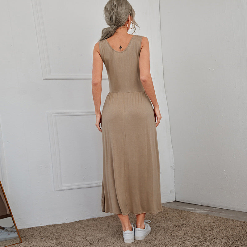 Round Neck Sling Front Button Skirt Slim Dress