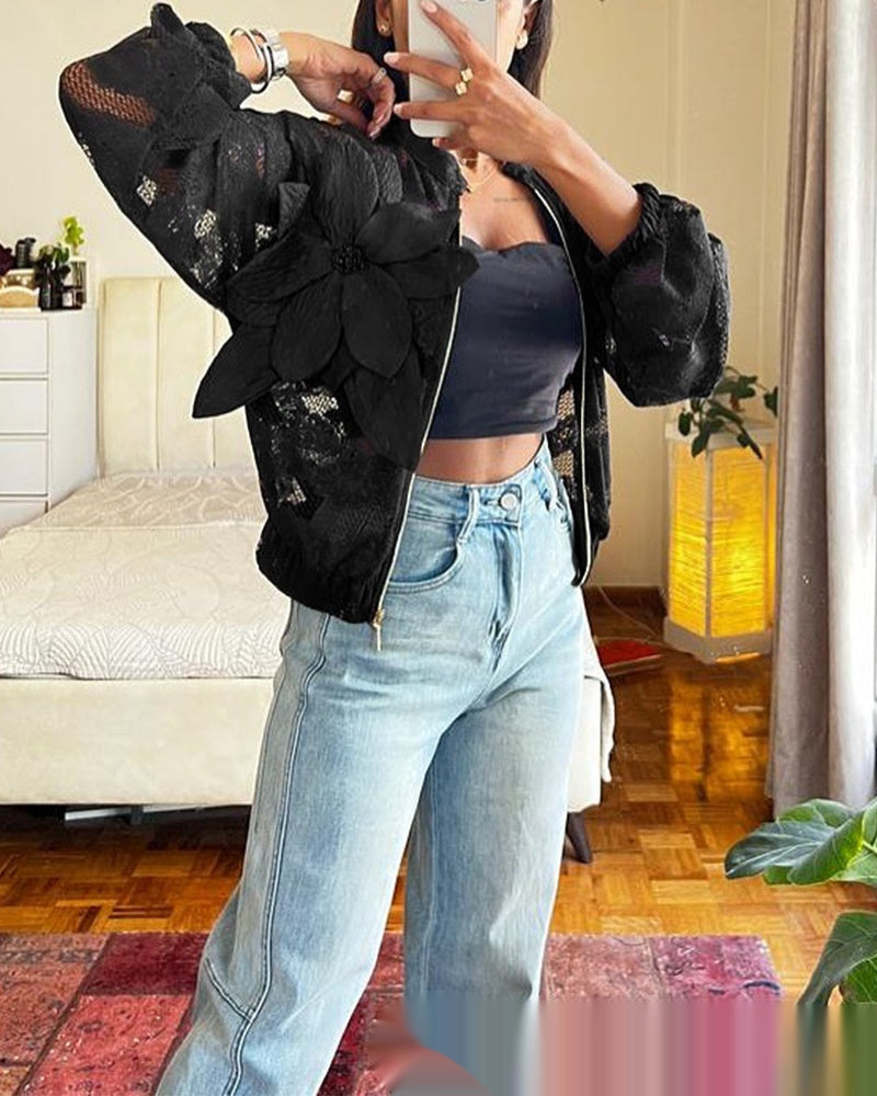 Sheer Lace Fabric Cropped Jacket With 3D Floral Detailing