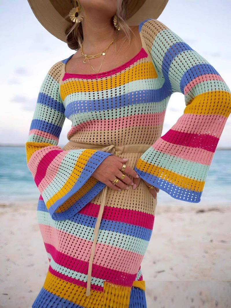 European And American Sexy Beach Dress Striped Colored Pullover Knitted Dress