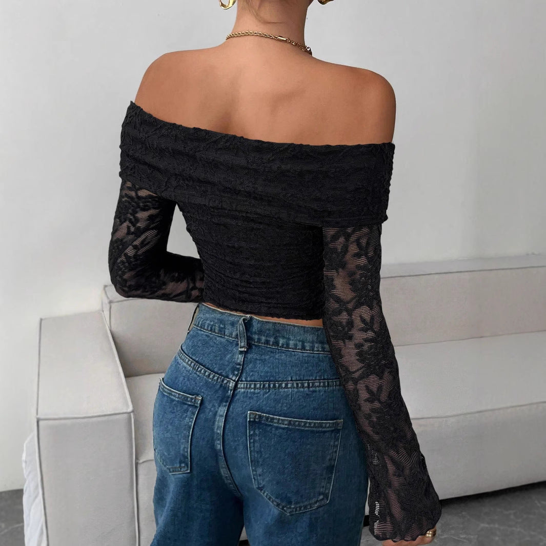 Off-shoulder Long-sleeve Slim-fit Mesh Blouse