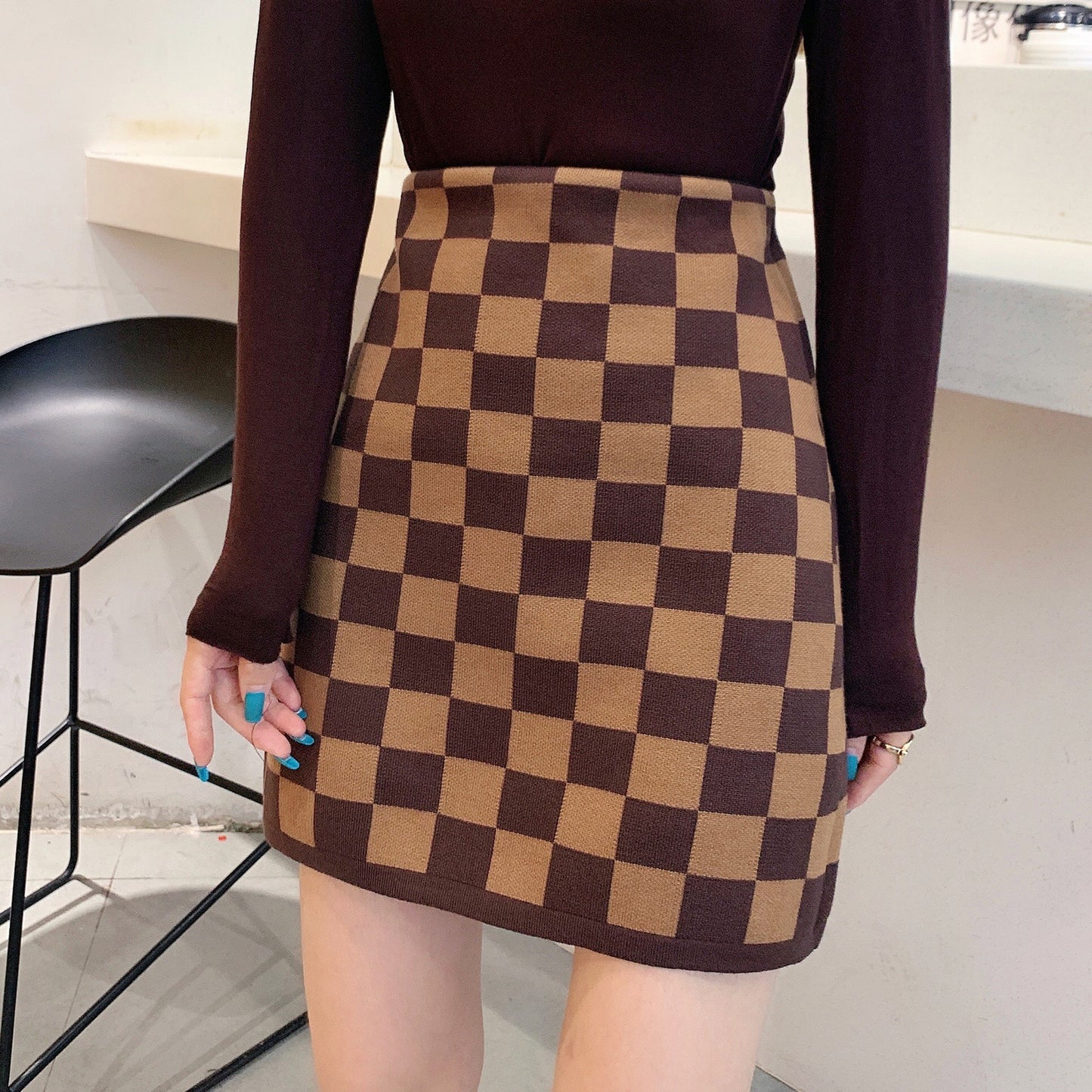 High-waist Plaid Knitted Skirt