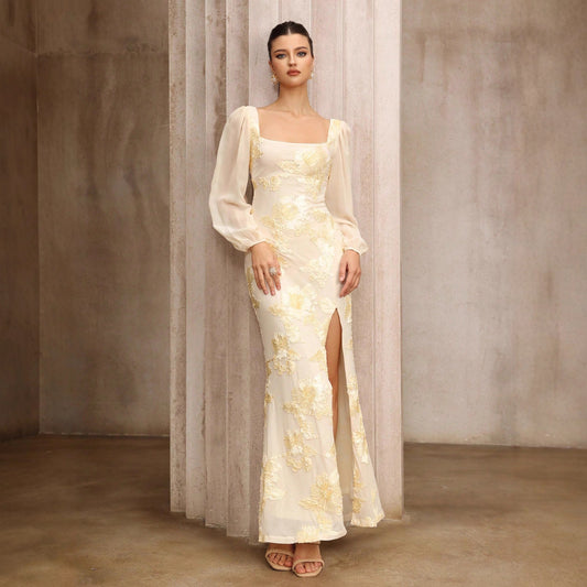 Plate Flower Embroidered Square Collar Slit Banquet Dress
