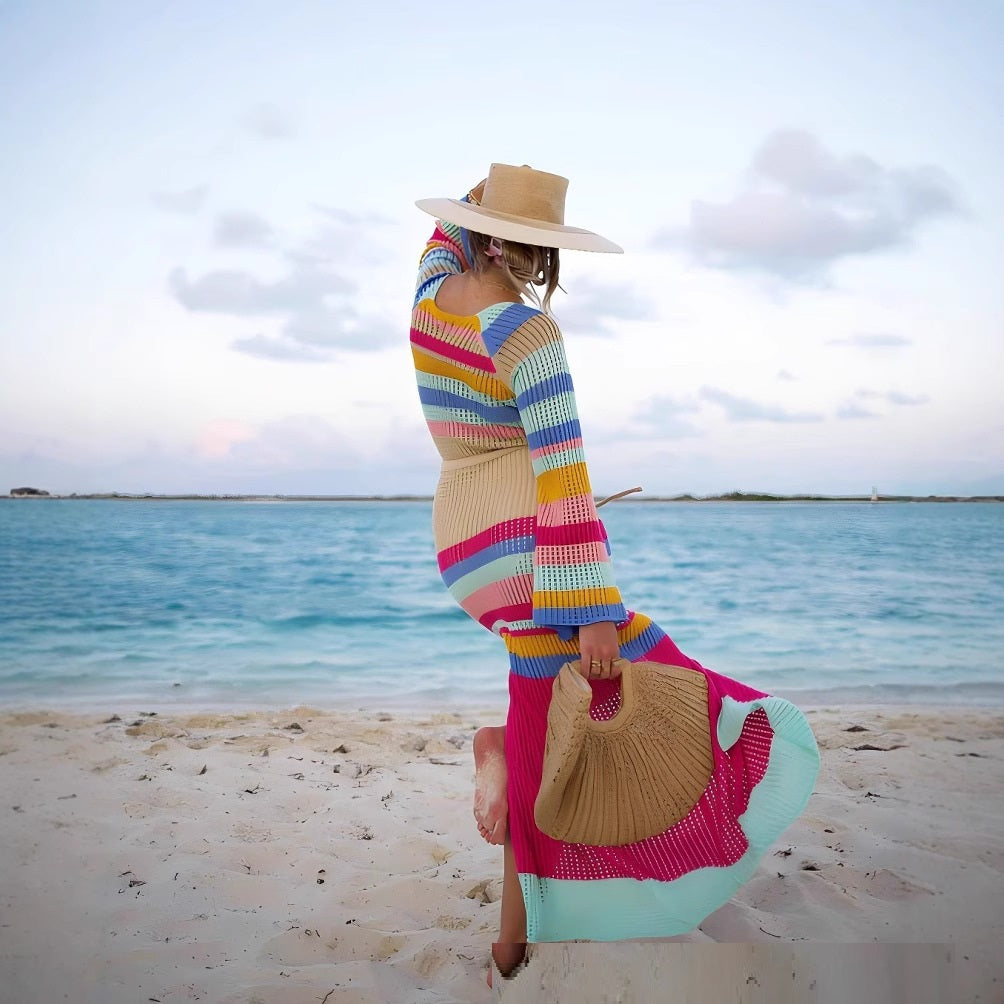 European And American Sexy Beach Dress Striped Colored Pullover Knitted Dress