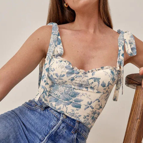 Florral Vintage Print Slim Crop Top